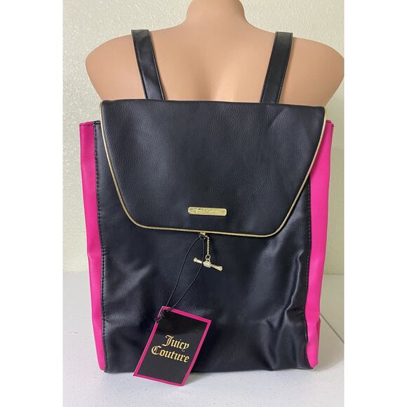 Juicy Couture Backpack Black Pink Bag Expandable Purse Handbag Gold Trim New - Picture 9 of 10